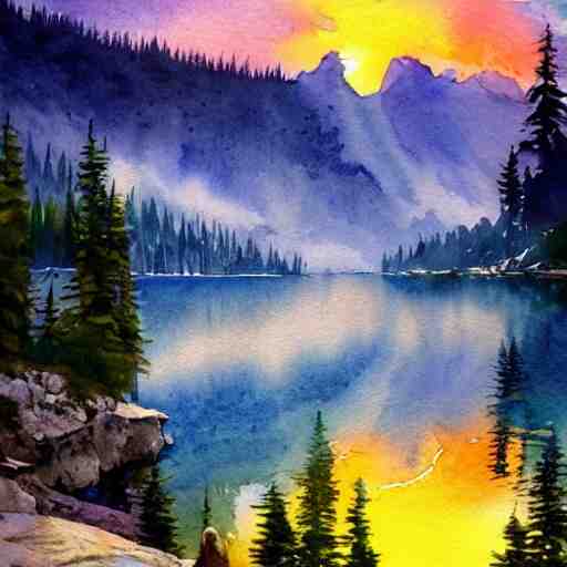 alpine lake. bautiful sunrise. watercolor. trending on artstation 