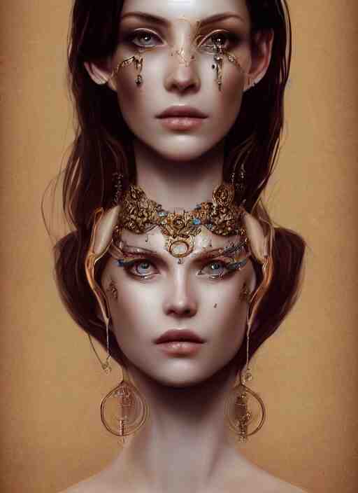 realistic character concept, porcelain skin woman with lots of jewelry in the face, elegant pose, scifi, illustration, slender symmetrical face and body, artstation, cinematic lighting, hyperdetailed, cgsociety, 8 k, high resolution, charlie bowater, natalie shau, single face, insanely detailed and intricate, beautiful, elegant, golden ratio, artdeco 