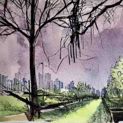 abandoned city overgrown by trees, watercolor