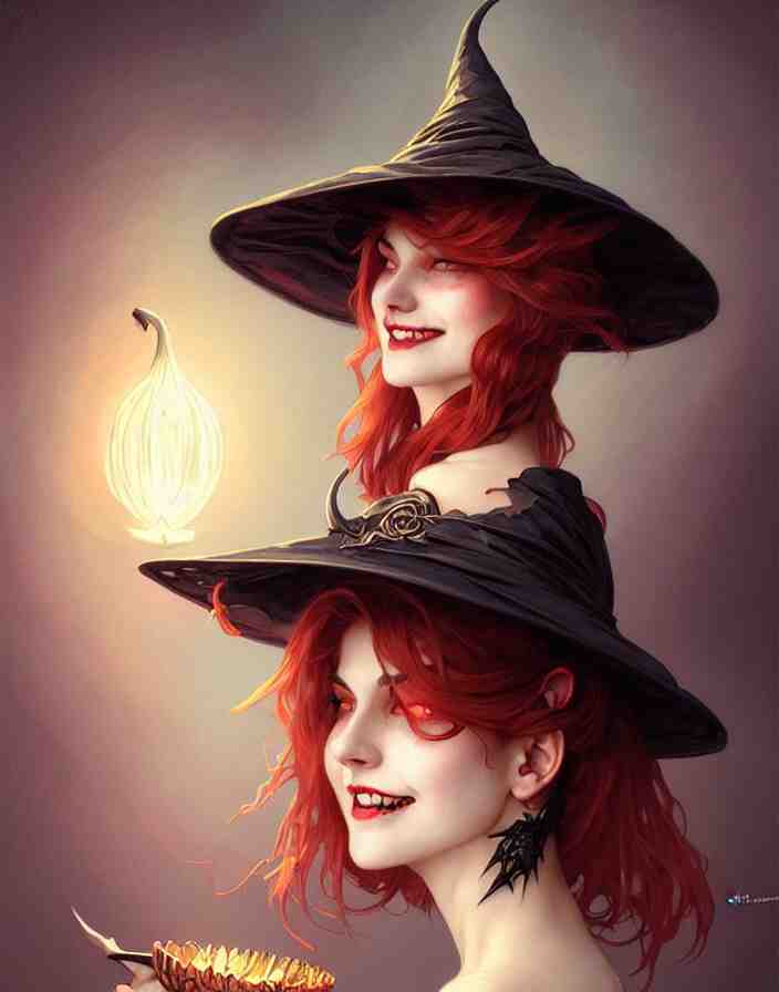 halloween witch woman in a hat smiles, fantasy magic, undercut hairstyle, dark light night, intricate, elegant, sharp focus, illustration, highly detailed, digital painting, concept art, matte, art by wlop and artgerm and greg rutkowski and alphonse mucha, masterpiece 