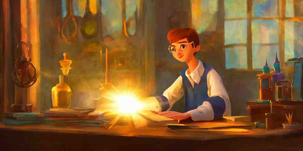 a young male mage they are in a alchemy workshop working at there desk. colorful, light rays, medium shot, waist up, sharp, bloom, dramatic lighting, by pixar, dreamworks and marvel 