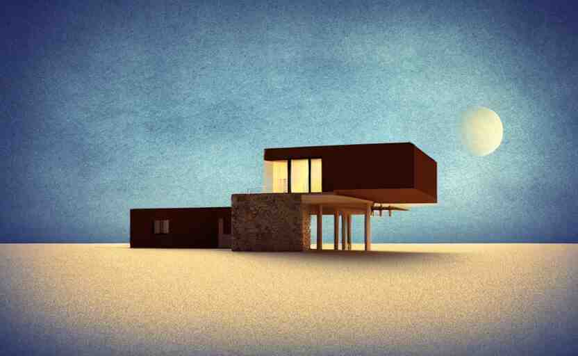 one single stand alone huge hyperdetailed minimalist home, seen from the long distance, at night. by the sea. maximalist unexpected elements. free sky in plain natural warm tones. 8 x 1 6 k hd mixed media 3 d collage in the style of a childrenbook illustration in pastel tones. matte matte background. no frame hd 