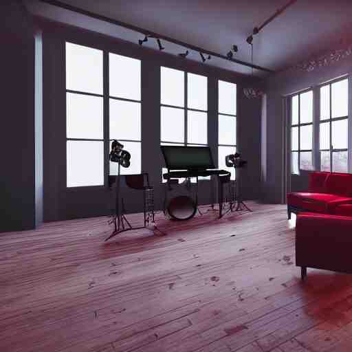 A screenshot of a Virtual Reality music studio, living room vibe, Paris loft style, red velvet furniture, light rays coming out of the windows, raytracing, highly detailed, futuristic, unreal engine 5, photoscanned, photorealistic, 