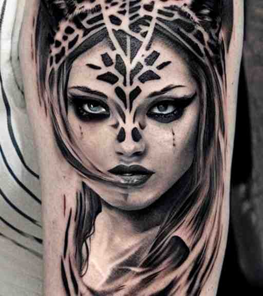 tattoo design of a beautiful girl warrior under a tiger head, hyper realistic, realism tattoo, by eliot kohek, beautiful eyes, realistic face, black and white, white background 