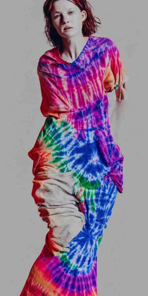 a beautiful woman model dressed in a tie - dye dress, studio photo, hyperrealistic 