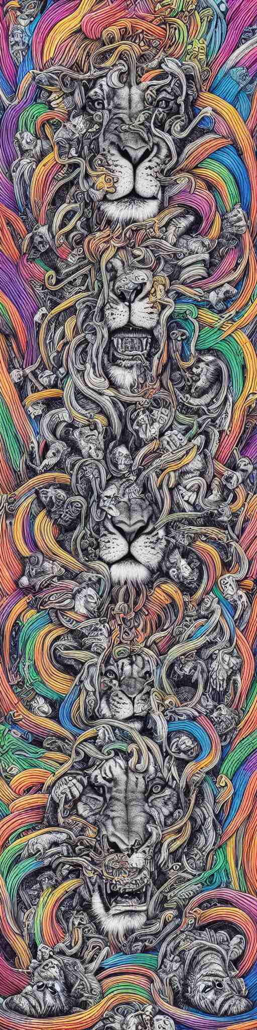 lions and tiger and bears dissolving into melted liquid braids, cubensis, aztec, basil wolverton, r crumb, hr giger, mc escher, dali, muted but vibrant colors, rainbow tubing, 