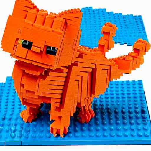 smiling orange scratch cat walking, 10,000 piece LEGO sculpture by master builder