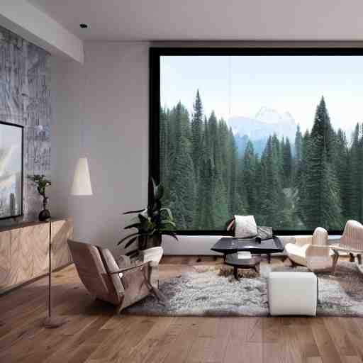 architecture render of a beautiful modern living room with wood floors, large windows with a beautiful view, an area rug, forest, mountains, realistic, hd, 8 k, digital rendering, unreal engine, blender, octane, maya 