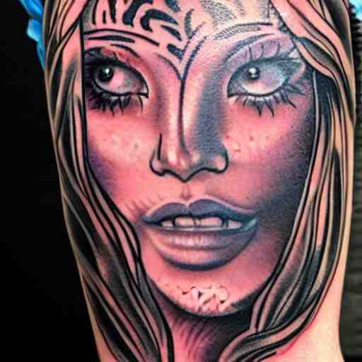 tattoo design of a beautiful girl face, the girl is wearing a tiger head hat, hyper detailed, in the design of eliot kohek 