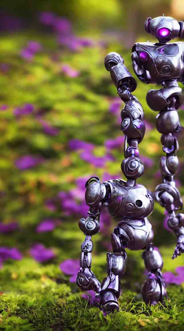 small toy robot in a garden, hyper detailed, sharp focus, bokeh, unreal engine, ray tracing, cute, fantasy, sci fi, purple lights, tiny, small 