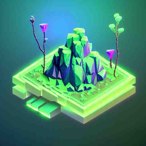 mobile game asset, isometric staircase, crystals, organic low poly design, bioluminescent alien - like plants inspired by the pandora aesthetic avatar's alien nature. we can see alien plants glowing in the dark arround the isometric itens in dark place cyan, orange smooth glow night photoshop filter low poly behance hd 