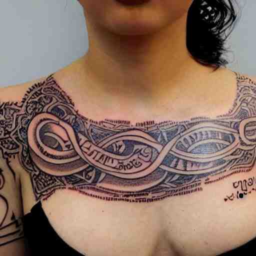 a tattoo written in text [ [ [ sanskar ] ] ] on chest of beautiful women by famous tattoo artist black and white 8 k 