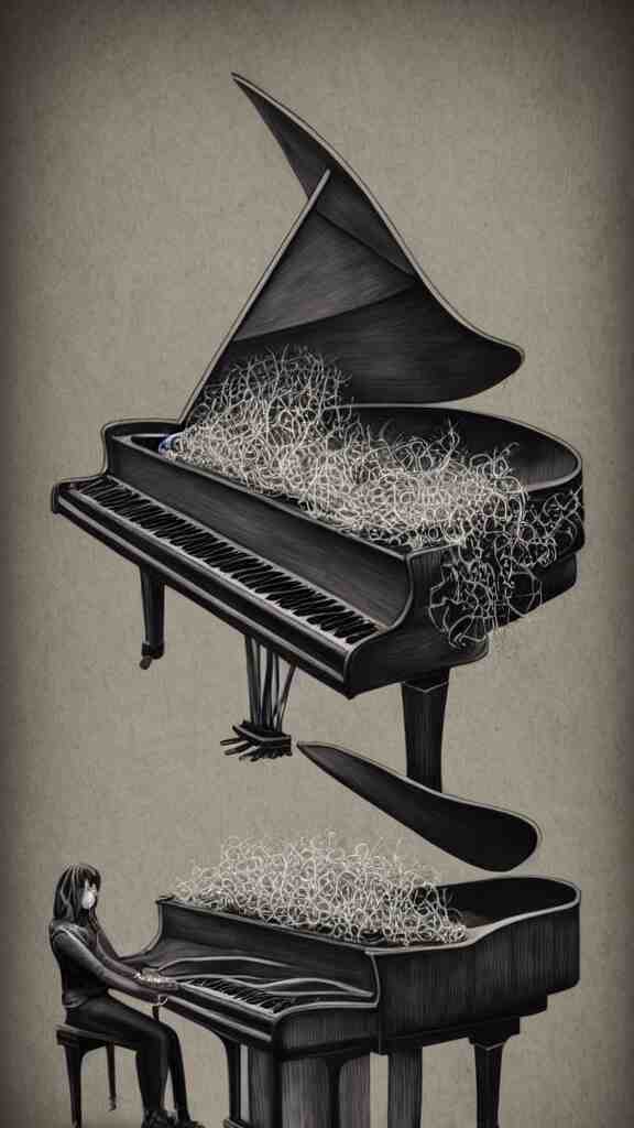 a grand piano with long thick vines wrapped around it, fantasy art, art station, grey background,