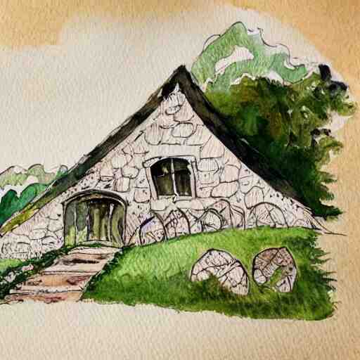 a watercolor and ink painting of a cottage, drawn on white parchment paper 