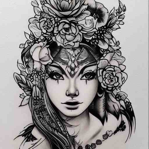 tattoo design, stencil, tattoo stencil, traditional, beautiful portrait of a warrior girl with a wolf headdress on surrounded by flowers, upper body, by artgerm, artgerm, artgerm, digital art, cat girl, anime eyes, anime, sexy-s 100