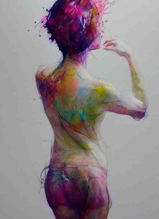 gorgeous woman in short by agnes cecile, view from back, bent - over posture, half body portrait, extremely luminous bright design, pastel colours, ink drips, autumn lights 