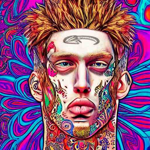 an extremely psychedelic portrait of mgk, surreal, lsd, face, detailed, intricate, elegant, lithe, highly detailed, digital oth, sharp focus, illustration, 