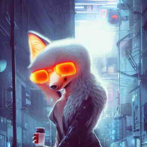 white anthropomorphic female vulpes vulpes fulva, eating ramen from a bowl, in the rain by a noodle kiosk, in crowded and wet street of a city, cyberpunk, harsh neon lights, highly detailed, digital painting, trending on artstation, concept art, sharp focus, illustration, art by artgerm and greg rutkowski and magali villeneuve 