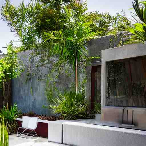 small elongated backyard with hut office, white walls, brown tile ground, plants on the sides, modern, high definition, detailed, concrete and glass, architecture, fountain, children playground, photograph, magazine cover, luxury 