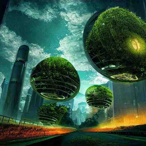 nature covered sci-fi city, magical