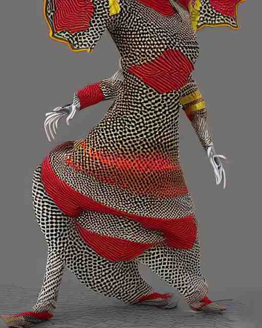 marvelous designer 3d render Assamese bihu mekhela sador pattern gamosa style fashion costume design, D&D futuristic retrofuturistic-sci-fi dynamic, modern stylish glamour body hugging cosplay, highly inventive pattern cutting, cgsociety, unreal engine 8k