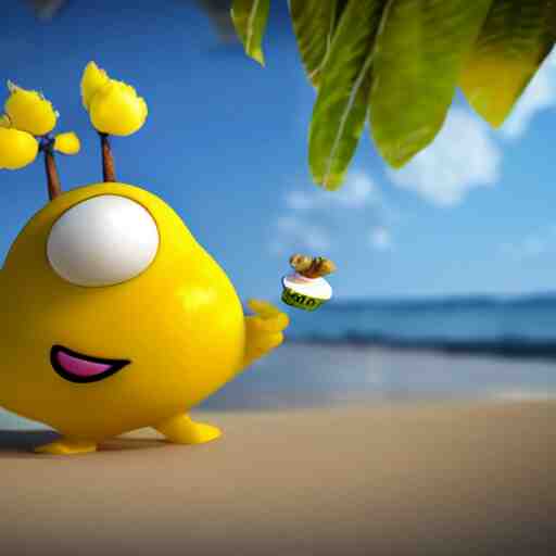 a supercute lemon cartoon character, that is fit and good looking, it's is relaxing on a beach, inspired by dalle - 2, octane render, 3 d, volumetric lightening, 