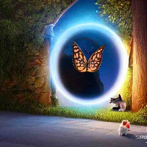 a wholesome cottagecore illustration of a cat chasing a butterfly through a portal to the 4th dimension, Pixar and Disney animation, sharp, Rendered in Redshift and Unreal Engine 5 by Greg Rutkowski, Bloom, dramatic lighting