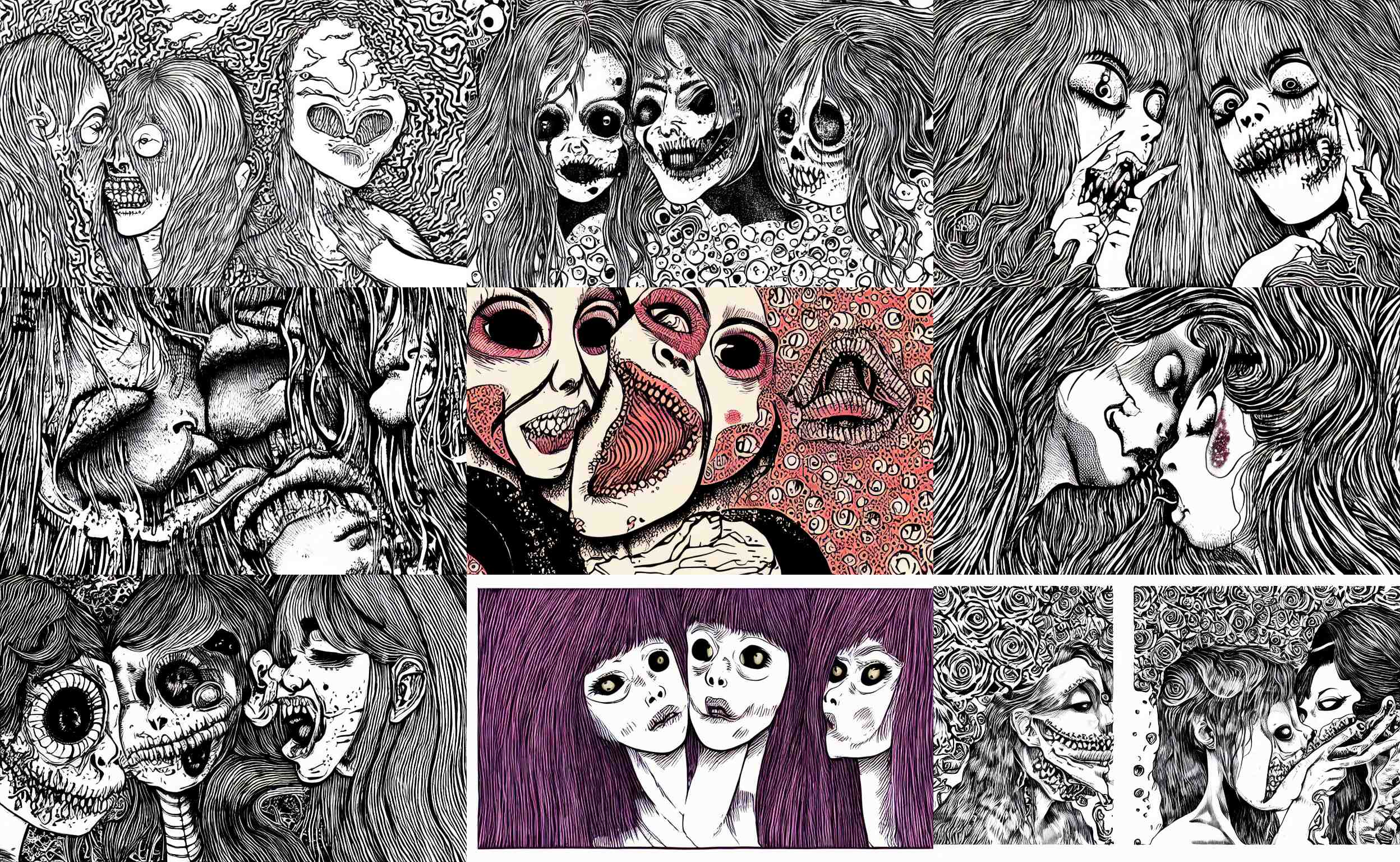 two adorable, Eldritch, women abominations of unimaginable horror kissing each other close-up by Junji Ito, speculative evolution, horror manga, psychedelic illustration, sticker illustration, Vector art