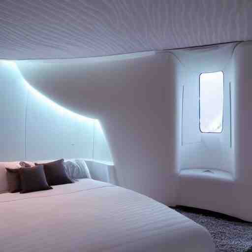  a king size bed with a white bed set in a futuristic space ship with windows looking into outer space, beautiful lighting photograph 