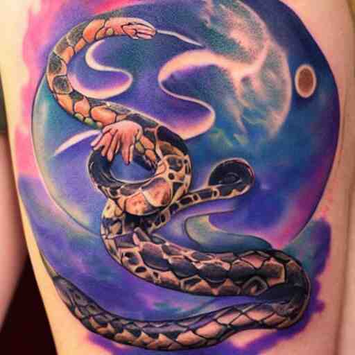 a woman with a tattoo of a snake sitting on the moon gazing at the milkyway, volumetric light, ray tracing, 