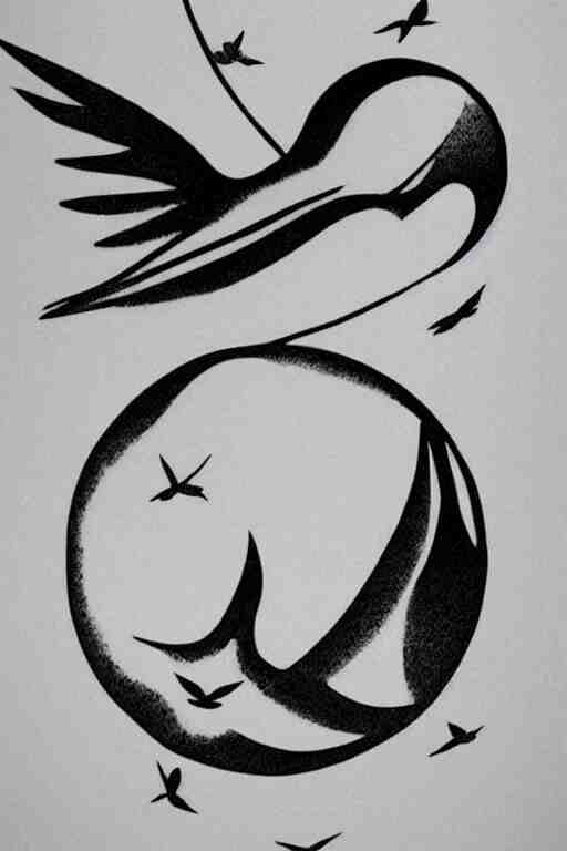 a beautiful tattoo design of minimalist swallows flying into spherical lines and simple basic shapes, black ink, line art 