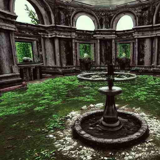 abandoned garden inside a dark mansion, fountain, dead flowers, realistic, highly detailed, background of resident evil game 