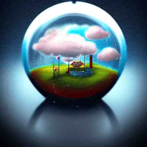 a rainstorm inside a snowglobe. Beautiful colorful clouds in moody greys and blues. High quality digital art, trending on artstation