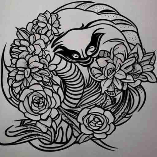 tattoo design, stencil, tattoo stencil, traditional, a cobra with its fangs out surrounded by flowers