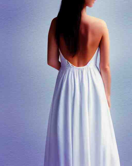 watercolor picture of a beautiful young woman in white dress, from the back, looking at the camera, high key, 8k