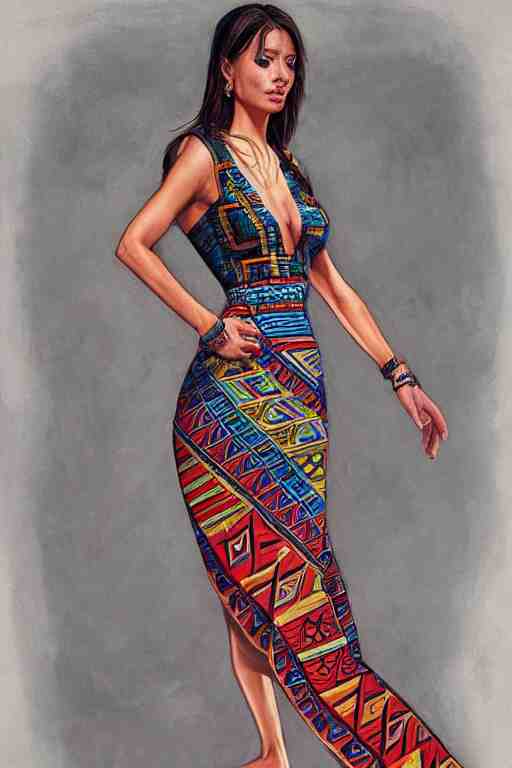 full body photo of a gorgeous young woman wearing an aztec dress in the style of stefan kostic, realistic, sharp focus, 8k high definition, insanely detailed, intricate, elegant, art by stanley lau and artgerm