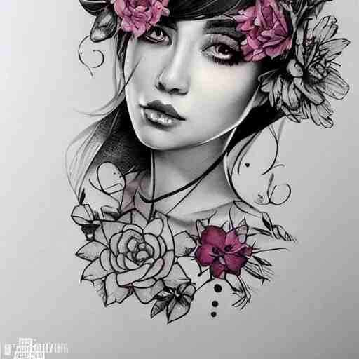 tattoo design, stencil, traditional, beautiful portrait of a girl with flowers in her hair by artgerm, artgerm, digital art