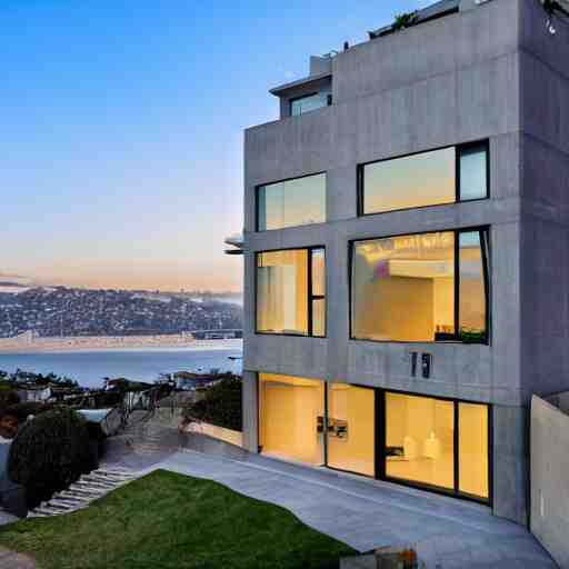 a modern concrete mansion on the bluffs overlooking downtown san francisco 