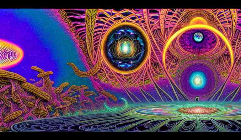 an expansive rendering of beautiful and complex ultimate void and black holes by dan mumford, by jim fitzpatrick, by joe wilson, by jim burns, by victo ngai, by jacek yerka, surrounded with colorful magic mushrooms and rainbowcolored marihuana leaves, insanely integrate, featured on deviant art, trending on artstation 