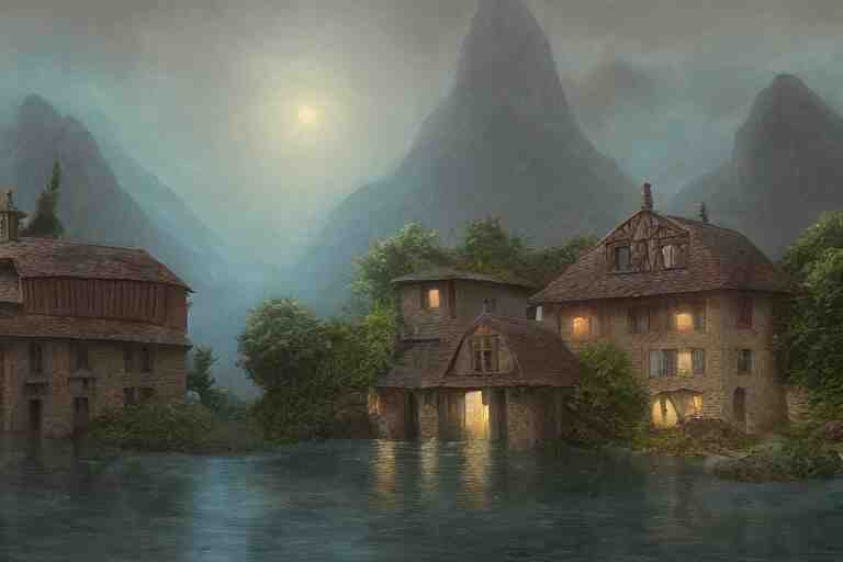 a typical european house with a slate roof, submerged under the water of the acean, school of fishes, scenic view, matte painting by christophe vacher and hubert robert, trending on artstation 