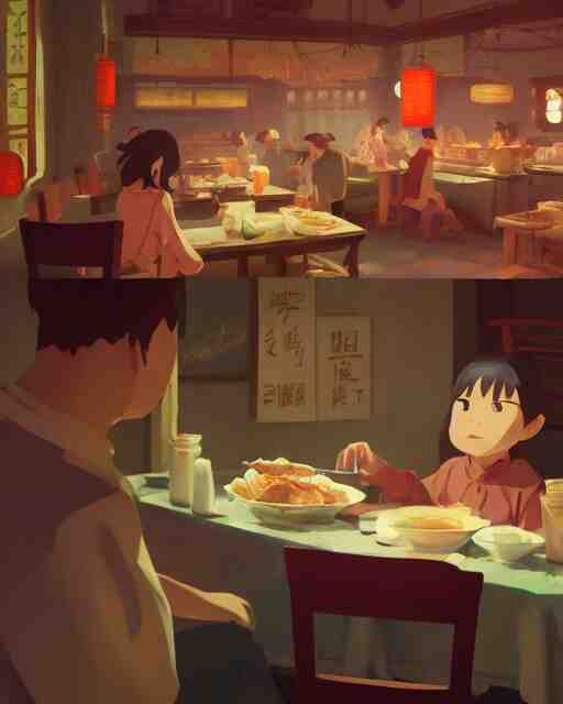 chinese buffet in a homely little restaurant, cory loftis, james gilleard, atey ghailan, makoto shinkai, goro fujita, studio ghibli, rim light, exquisite lighting, clear focus, very coherent, plain background, soft painting 