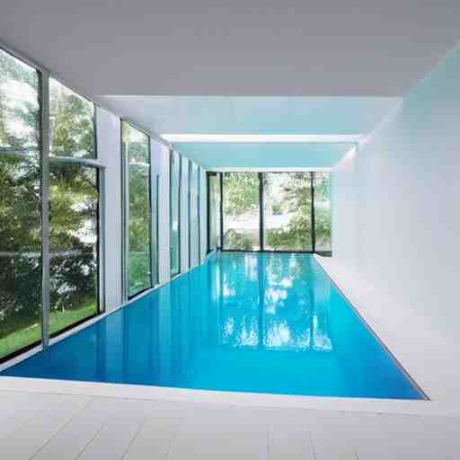 a new swimming pool in a large white room with a door that leads to a gray room with on light on in it. dream like. 