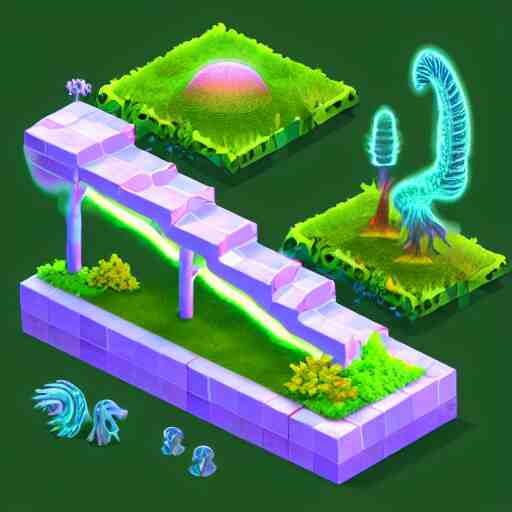 3 d mobile game asset is an isometric staircase with an organic isometric design based on bioluminescent alien - like plants inspired by the avatar's bioluminescent alien nature. around the stair, we can see plants that glow in the dark. all in isometric perspective and semi - realistic style item is in a black background 