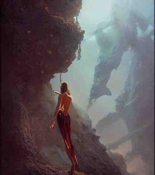 staring into the abyss by pascal blanche, karol bak, tom bagshaw, james jean, rococo, craig mullins, steven belledin, digital painting, sharp focus, 3 d character concept, volumetric lighting, octane render, 8 k, hyper detailed. 