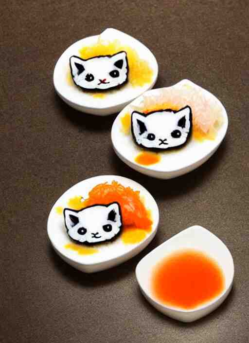 clear surrealist painting of tiny adorable cats made from sushi rice, sitting on sushi plates with sushi, garnish, wasabi and soy sauce 