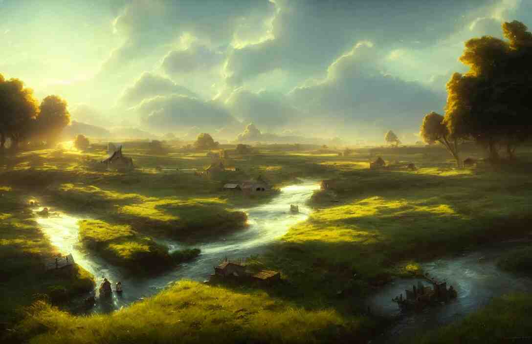 river flowing past a country village, flat fields in the background, blue sky, fantasy, concept art, high angle, highly detailed, warm lighting, volumetric, godrays, vivid, trending on artstation, by jordan grimmer, greg rutkowski 