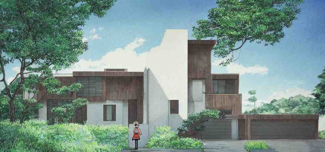 Ghibli style modern house architecture