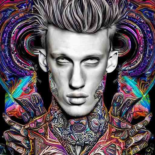 an extremely psychedelic portrait of mgk, surreal, lsd, face, detailed, intricate, elegant, lithe, highly detailed, digital oth, sharp focus, illustration, 