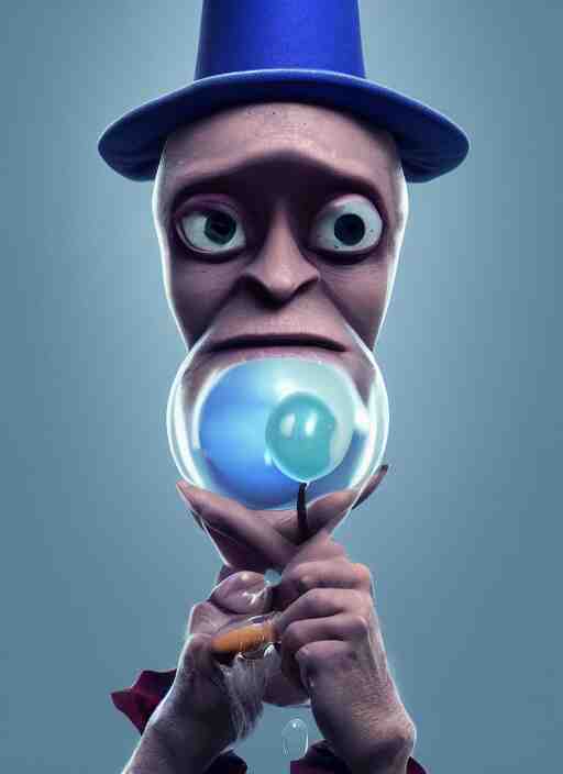 an anthropomorphic beautiful male wizard blowing giant bubbles wearing blue robe, fine art, award winning, intricate, elegant, sharp focus, octane render, hyperrealistic, wizard hat cinematic lighting, highly detailed, digital painting, 8 k concept art, art by jamie hewlett and z. w. gu, masterpiece, trending on artstation, 8 k 