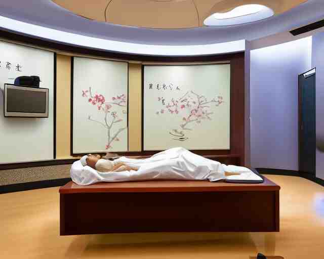 The zen environment of the hospital room of the future, in a five star hotel in Singapore, with calming bright lights and a welcoming Japanese rose pattern wall and a breathtaking wooden floor, a doctor and her patient look at a computer screen showing medical graphs